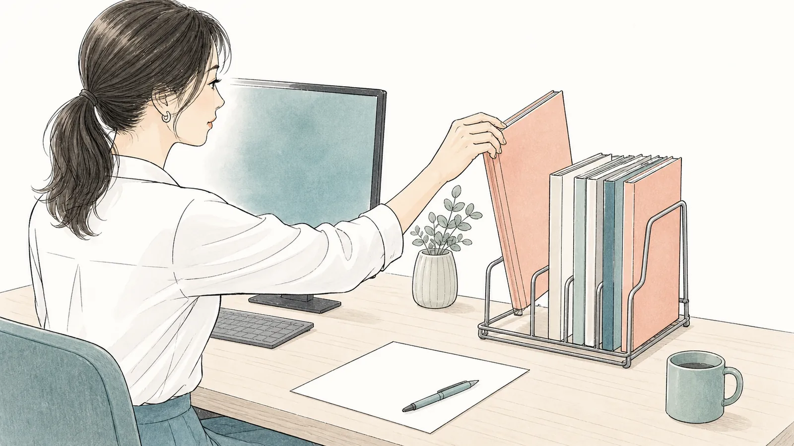 机上のファイルが横に倒れる｜幅390mmブックスタンドで定位置を作る