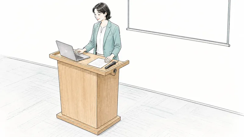演台にノートパソコンと資料は置ける？幅590mmを外寸だけで決めない