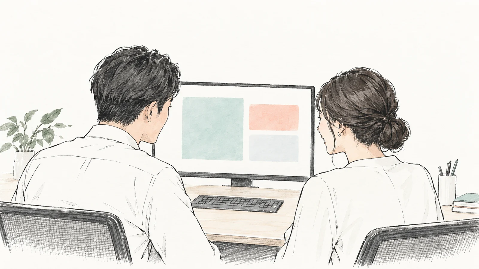 モニターアームの首振りで隣の人に画面を見せるには