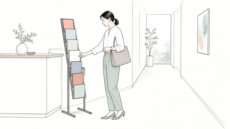 狭い受付にA4パンフレットを7種類置く｜幅287mmスタンドの配置