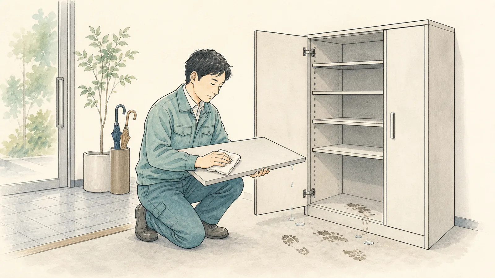 会社の下駄箱に泥がたまる｜洗える棚板へ替える前に運用を決める