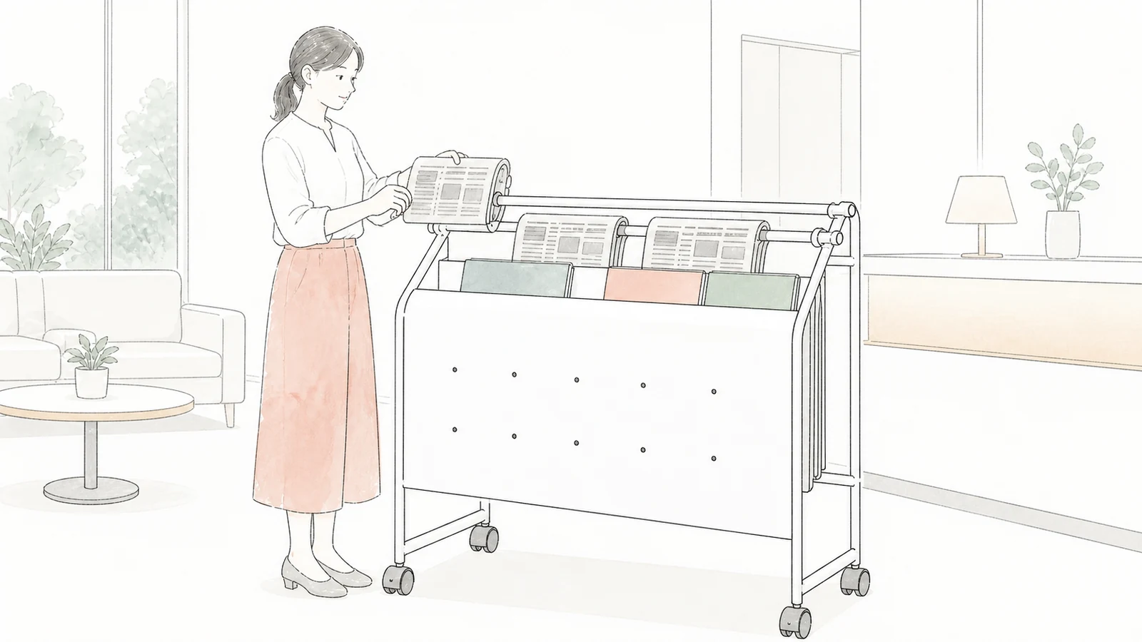 受付の新聞と雑誌が平積みになる｜3紙を掛けるラックの使い方