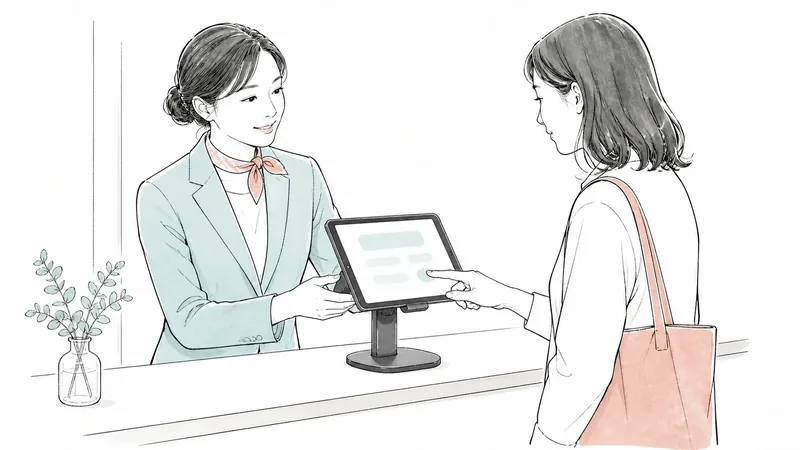 受付でタブレット入力を案内する｜回転式卓上スタンドの設置と固定