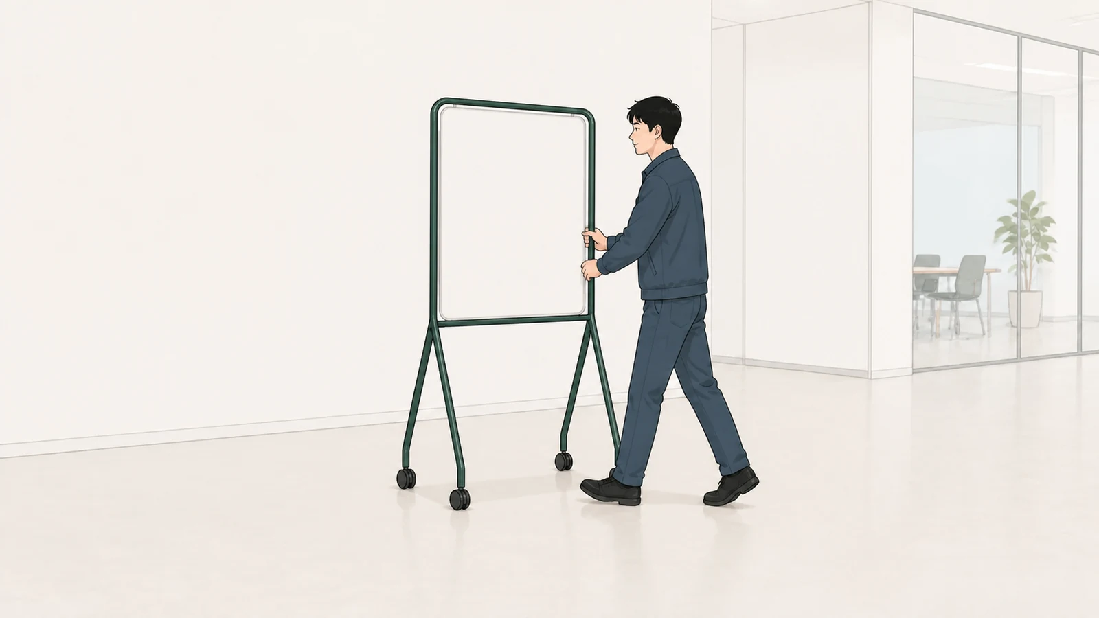 複数のホワイトボードを一か所へ戻すための保管場所と移動経路
